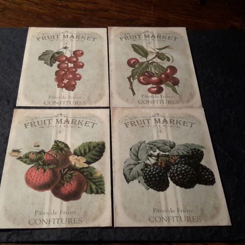 Lot 2 de quatre images anciennes, fruits et feuilles, "pâtes de fruits et confitures" sur beau papier épais. carterie 