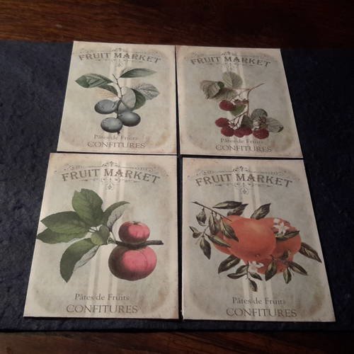Lot 1 de quatre images anciennes, fruits et feuilles, "pâtes de fruits et confitures" sur beau papier épais. carterie 