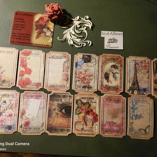 Lot a 13 embellisements, , découpes, étiquettes,  papier romantique, shabby. scrapbooking, carterie, loisirs créatifs,  papeterie