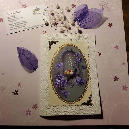 Exemplaire unique/ carte double, enveloppe, carte 20ème siècle pâques, façon peinture, embellissements métal,  fonds embossé.