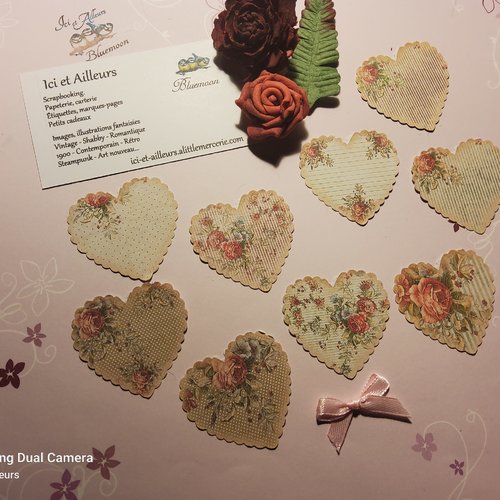 Lot 9 cœurs papier, embellisements, , découpes, étiquettes,  romantique, shabby. scrapbooking, carterie, loisirs créatifs,  papeterie