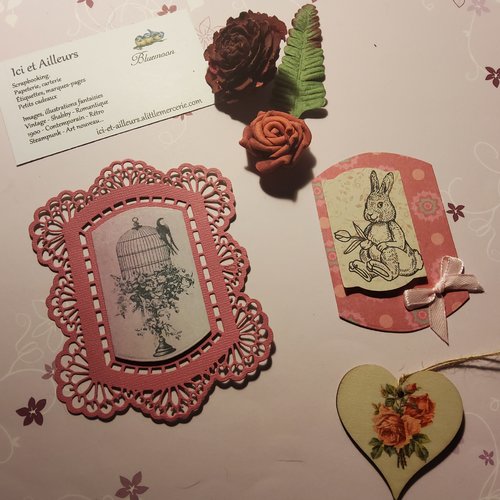 Lot 3 embellissements, découpes papier, étiquettes lapin pâques, coeur bois shabby. scrapbooking, carterie, losirs créatifs.