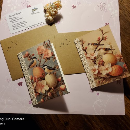 Lot 2 cartes doubles vintage, dentelle, oiseaux aux fleurs. enveloppes kraft décorées. carterie, papeterie,  pâques