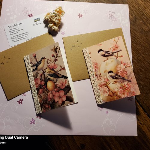 Lot b 2 cartes doubles vintage, dentelle, oiseaux aux fleurs. enveloppes kraft décorées. carterie, papeterie,  pâques