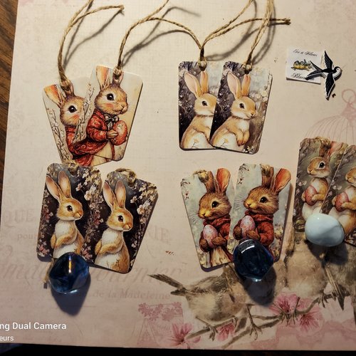 Lot de 10 étiquettes avec liens ficelles,  lapins, pâques. scrapbooking, loisirs créatifs, décorations,  cadeaux.