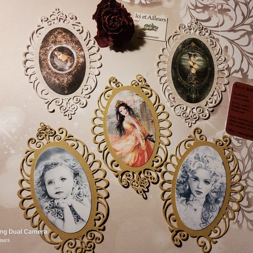 Vide tiroir. unique.lot de 5 embellissements ovales. images dans cadres en découpes