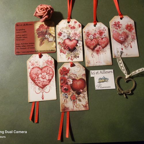 Lot b de 5 étiquettes, lien satin, fleurs et cœur. scapbooking, carterie, papeterie, étiquettes cadeaux, loisirs créatifs,  home déco.