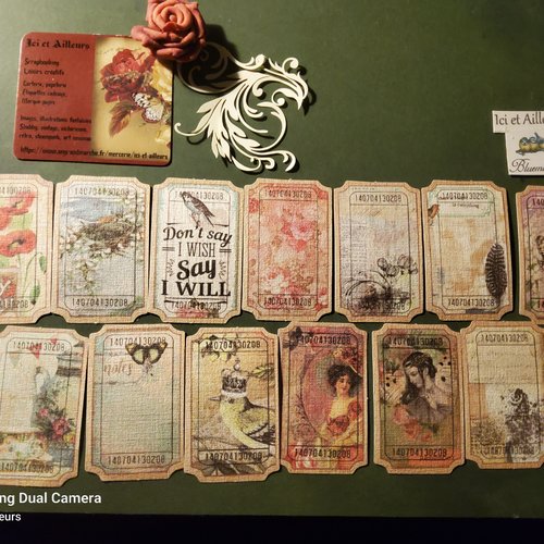 Lot f 13 embellisements, , découpes, étiquettes,  papier romantique, shabby. scrapbooking, carterie, loisirs créatifs,  papeterie