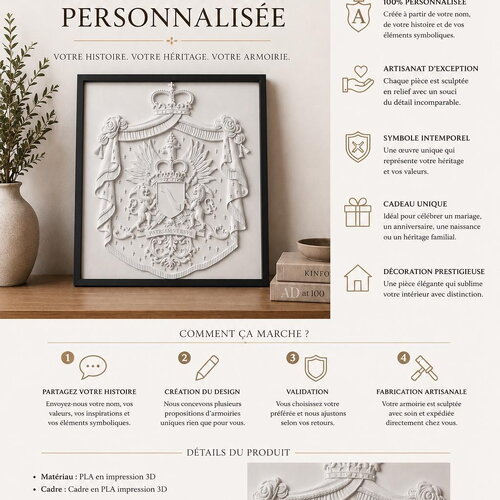 Armoirie personnalisée | blason familial sur mesure | décoration murale héraldique en impression 3d pla