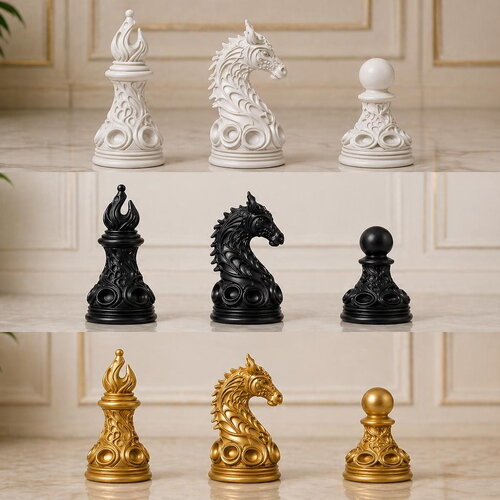 Jeu d’échecs 3d fantasy dragons en pla – 32 pièces (roi, reine, tour, fou, cavalier, pion) – design épique médiéval