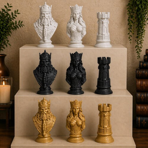 Jeu d’échecs 3d fantasy vikings en pla – 32 pièces (roi reine tour fou cavalier pion ) – chess set design médiéval
