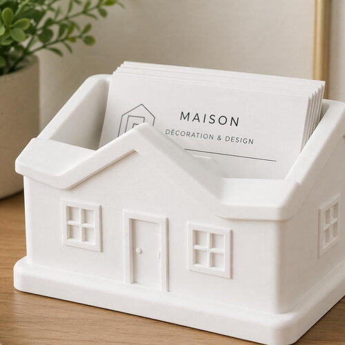 Porte cartes de visite maison en pla blanc – support cartes agent immobilier – objet déco bureau – impression 3d
