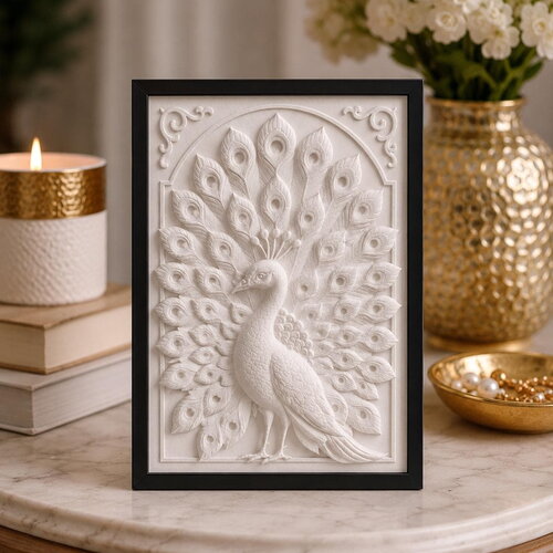 Décoration murale paon en relief – impression 3d pla– tableau élégant style sculpté – cadeau déco raffiné