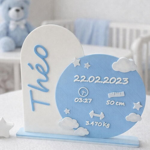 Plaque de naissance personnalisée pour bébé garçon – prénom et détails naissance – décoration chambre bébé
