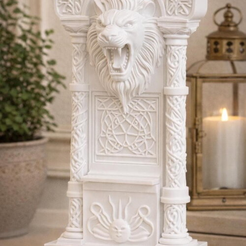 Sculpture murale lion en relief | décoration celtique et motifs géométriques | objet d’art artisanale