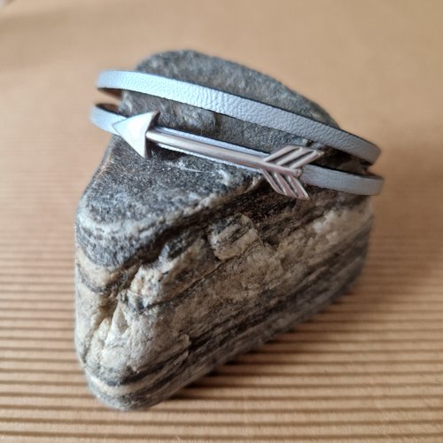 Bracelet 2 tours pour ado, en cuir argenté, passant flèche en métal argenté zamak