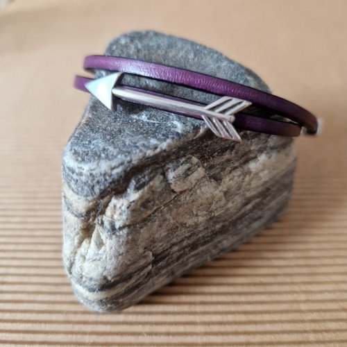 Bracelet 2 tours pour ado, en cuir violet, passant flèche en métal argenté zamak