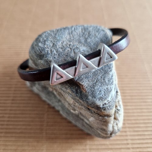 Bracelet pour femme, en cuir brun, passant géométrique en métal argenté zamak