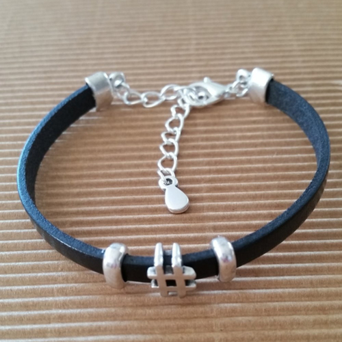 Bracelet pour ado, en cuir noir, passant symbole hashtag en métal argenté zamak