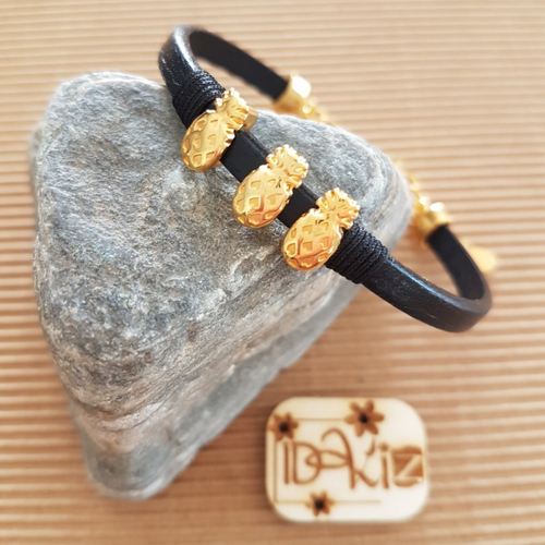 Bracelet pour femme, en cuir noir, passants ananas en métal doré zamak et coton ciré noir