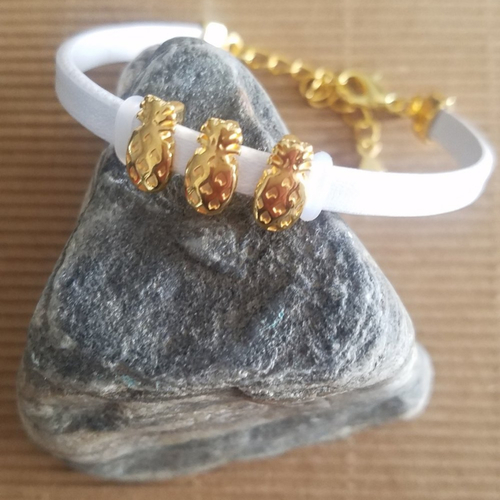Bracelet pour femme, en cuir blanc, passants ananas en métal doré zamak