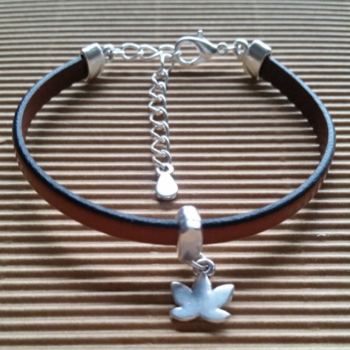 Bracelet pour femme, en cuir marron, breloque lotus en métal argenté zamak