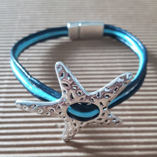 Bracelet en cuir rond, pour femme, bleu turquoise et marine, passant étoile de mer et fermoir magnétique