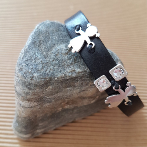 Bracelet en cuir noir, pour femme, intercalaires petites filles en métal zamak plaqué argent et passant strass