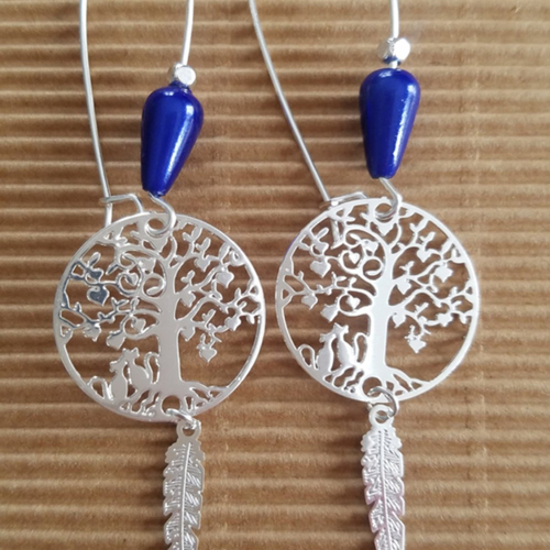 Boucles d'oreilles pendantes, pour femme, estampes  arbre de vie et plume, perle magique, sans nickel