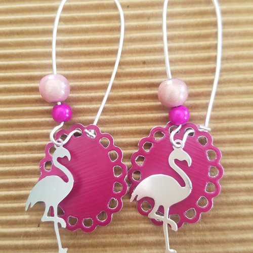 Boucles d'oreilles pendantes, pour femme, breloque estampe flamant rose, sequin aluminium et perles magiques, sans nickel
