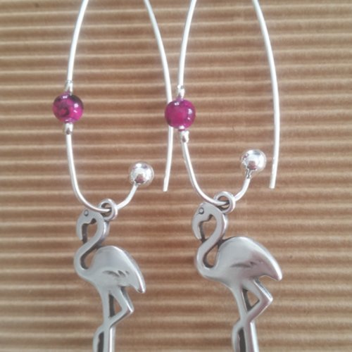 Boucles d'oreilles pendantes, pour femme, breloque flamant rose en métal zamak plaqué argent et perles, sans nickel