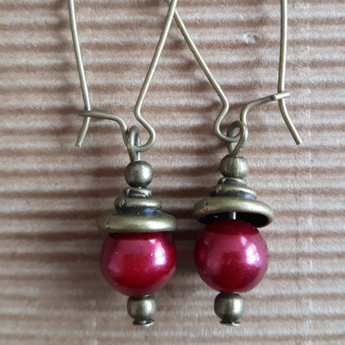 Boucles d'oreilles pendantes, pour femme, perles et apprêts en métal de couleur bronze