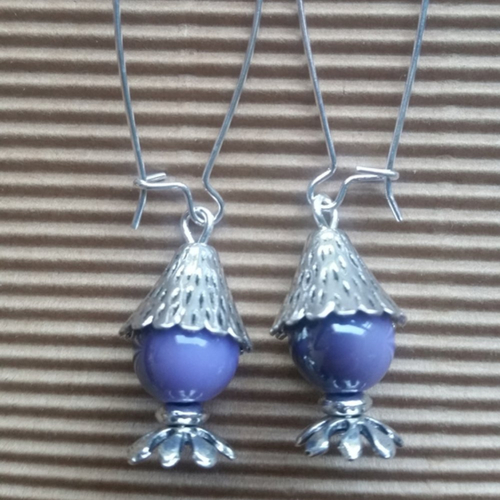 Boucles d'oreilles pendantes, pour femme, perle bicolore et apprêts en métal argenté, sans nickel