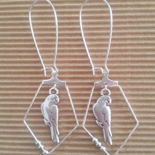 Boucles d'oreilles créoles, pour femme, breloque perroquet en métal zamak plaqué argent et mini perles