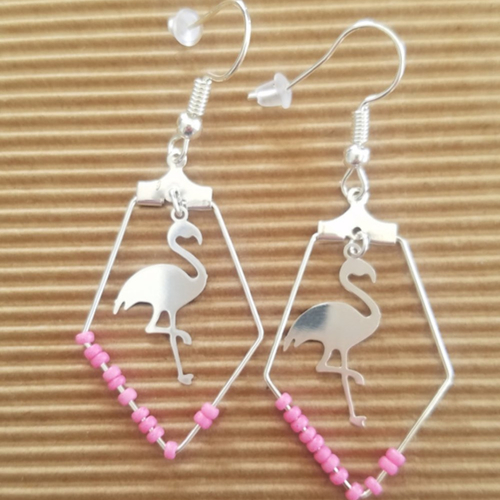 Boucles d'oreilles créoles, pour femme, perles miyuki et estampe flamant rose
