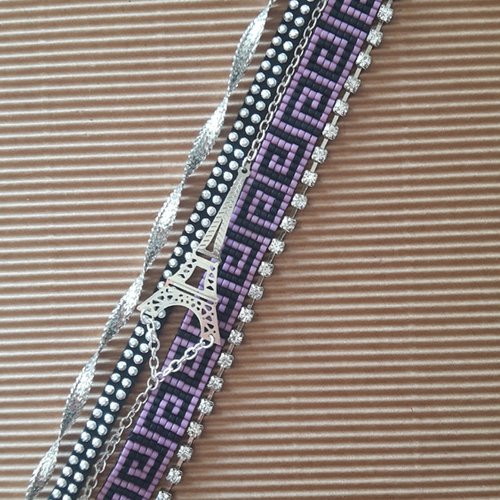 Bracelet manchette pour femme, tissage perles miyuki, strass, ruban,suédine, breloque estampe tour eiffel