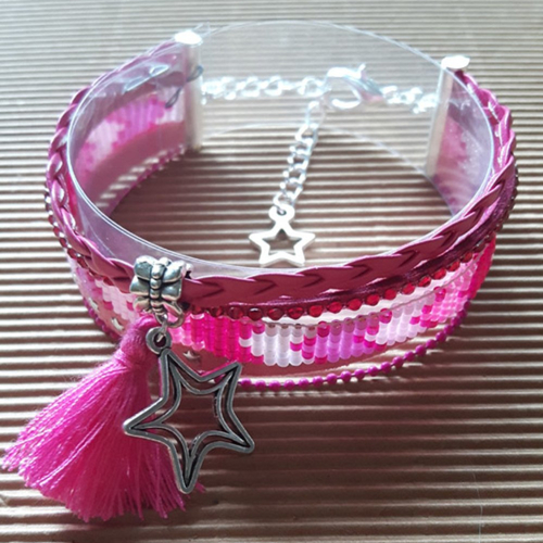 Bracelet manchette pour femme, tissage perles miyuki, suédine, pompon, chaîne billes et breloque étoile
