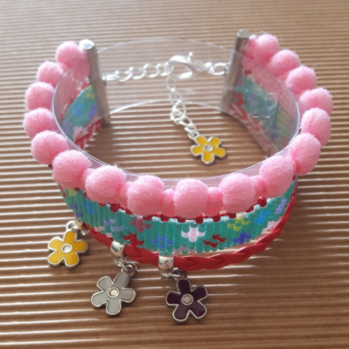 Bracelet manchette pour femme, tissage perles miyuki, ruban pompon, lanière tressée, breloques fleurs