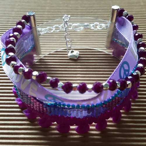 Bracelet manchette pour femme, tissage perles miyuki, rubans love et pompon, perles