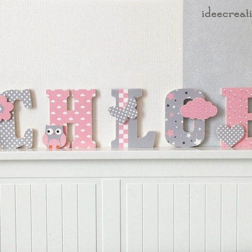 Lettres a poser, lettres prénom en bois personnalisable au prénom de l'enfant, modèle rose et gris