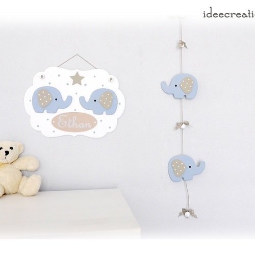 Cadre prénom bébé et guirlande, déco éléphants bleus en bois et guirlande pour chambre d'enfant