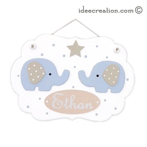 Cadre prénom nuage déco éléphants bleus en bois (sans la guirlande) pour chambre de bébé