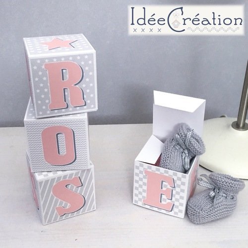Boîte prénom, cubes lettres prénom en carton rigide et tissu imprimé pour chambre d'enfant, range tetine, boîte à dents de lait,