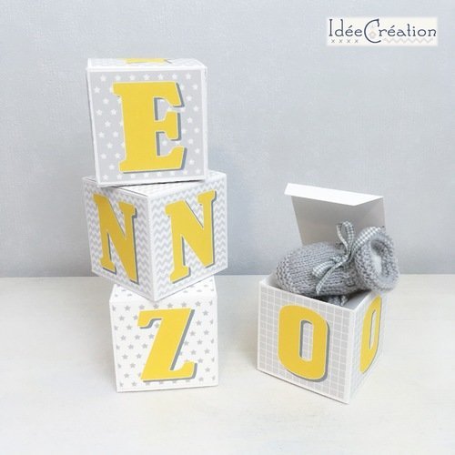 Boîte prénom, cubes lettres prénom en carton rigide et tissu imprimé pour chambre d'enfant, range tetine, boîte à dents de lait,