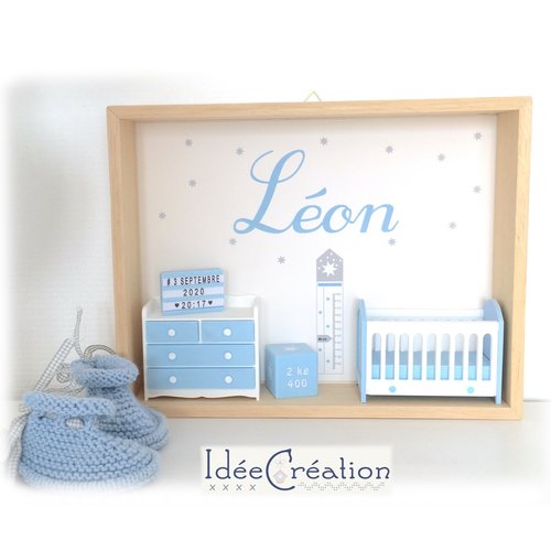 Cadre prénom, cadre naissance bebe personnalise, modèle bleu et blanc