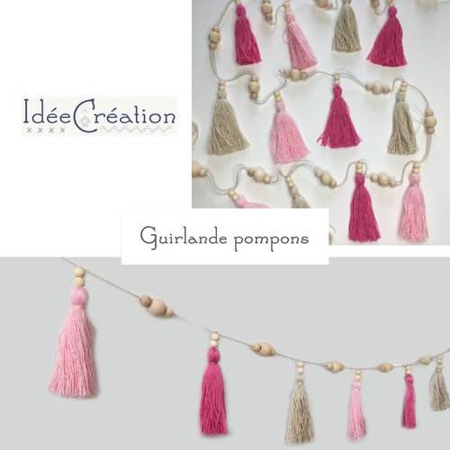 Guirlande pompons 100% coton et perles en bois brut, modèle rose