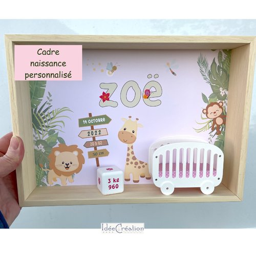 Cadre prénom, cadre naissance bebe personnalisable, vitrine miniature personnalisée au prénom de l'enfant, modèle safari rose