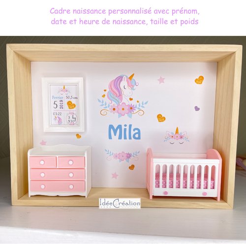 Cadre naissance personnalisable, vitrine bébé miniature au prénom de l'enfant, modèle licorne