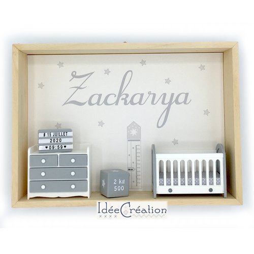 Cadre prénom, cadre naissance personnalisé, vitrine miniature au prénom de l'enfant, modèle gris et blanc