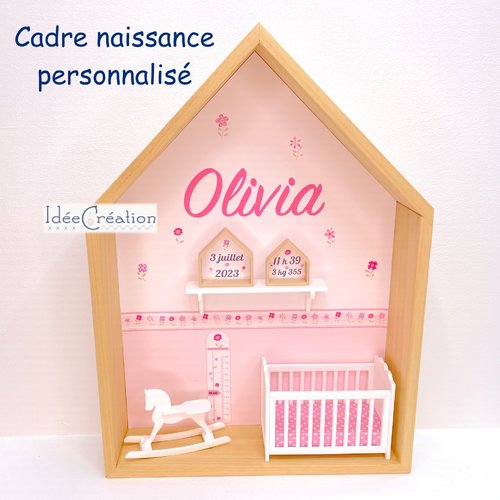 Cadre naissance personnalisé, vitrine miniature bébé personnalisée au prénom de l'enfant, modèle maison rose